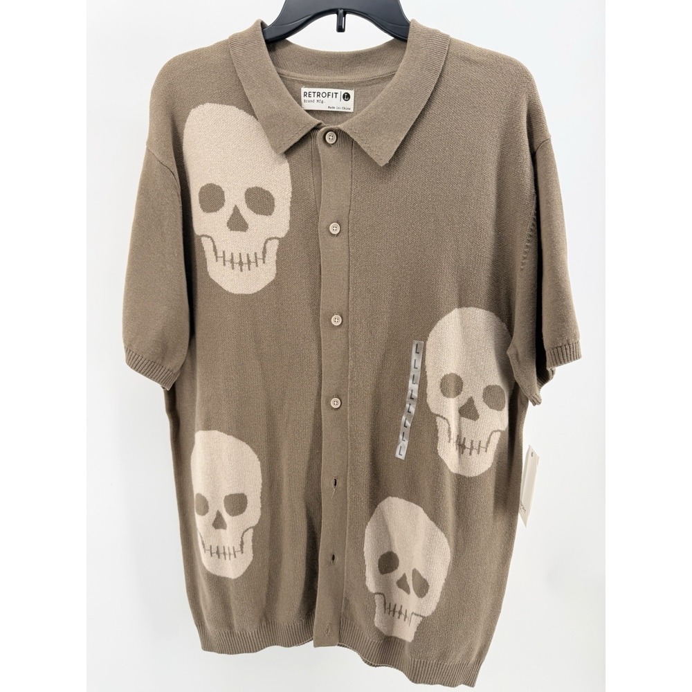 RETROFIT 100% Cotton Button Up Cardigan Skull Sweater Size L In Tan Color